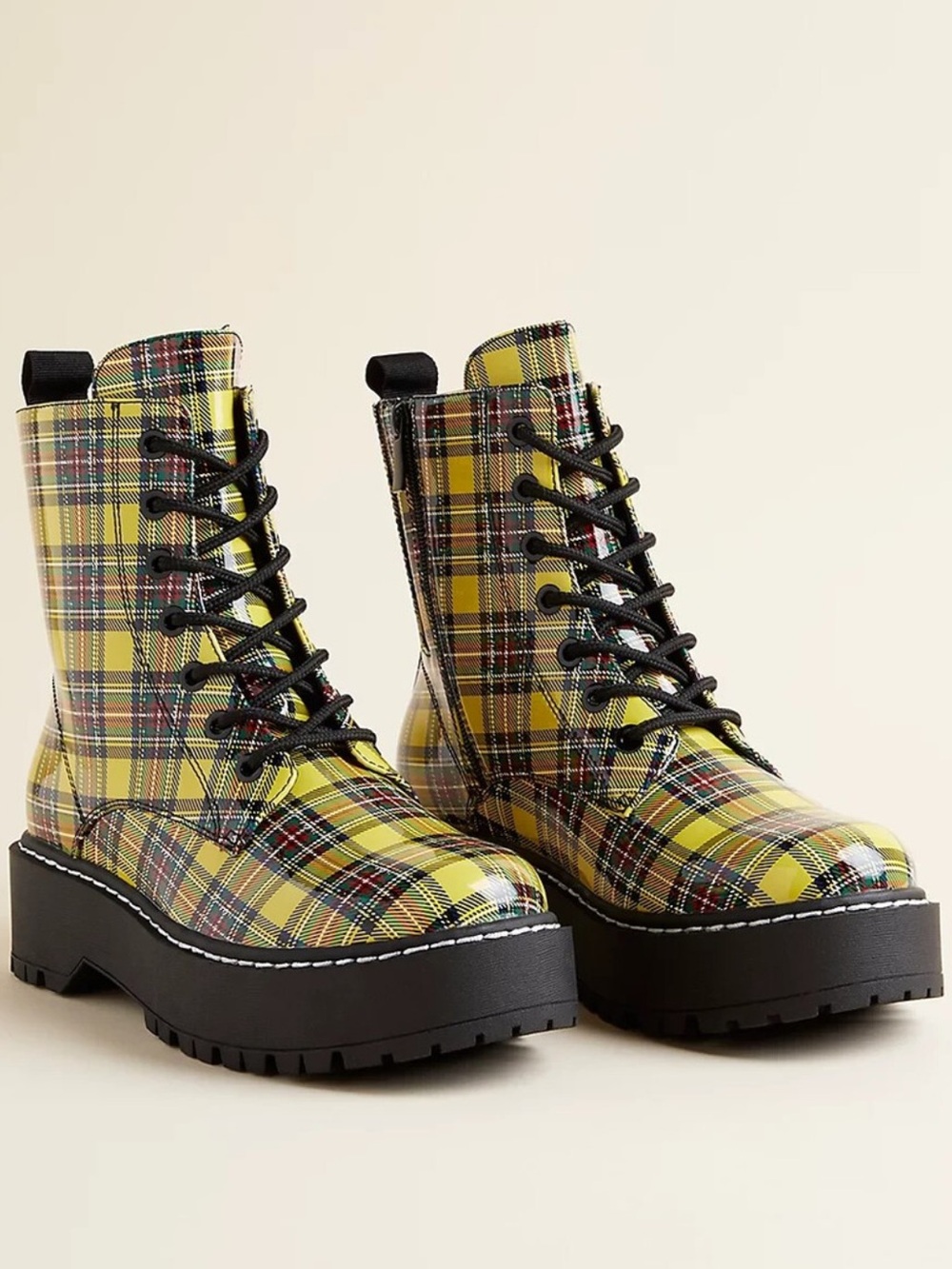 NEW - Betsey Johnson Yellow Plaid Platform Combat Boots